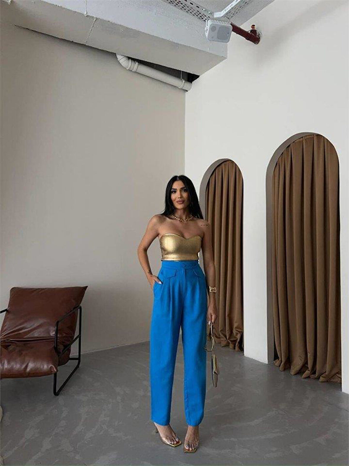 PANTOLON KAPALI CEP 3 DÜĞME DETAYLI - Mavi