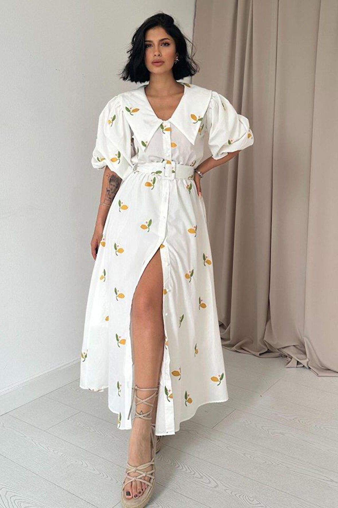 Limon Çiçek Motifli Kemerli Elbise