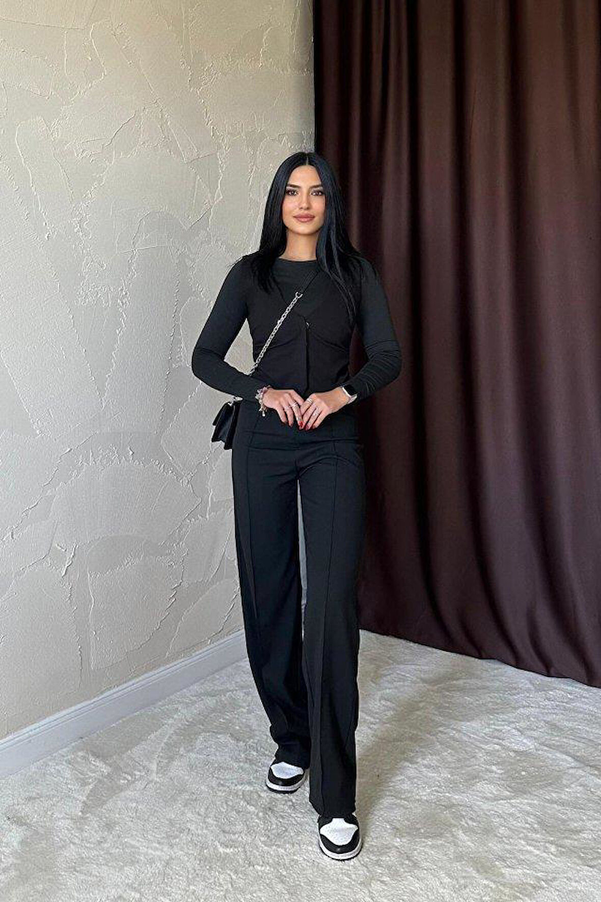 Siyah Bel Büzgülü Pantolon