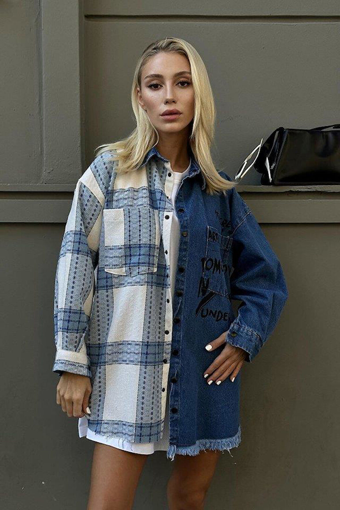 Mavi Kot Garni Parçalı Gömlek