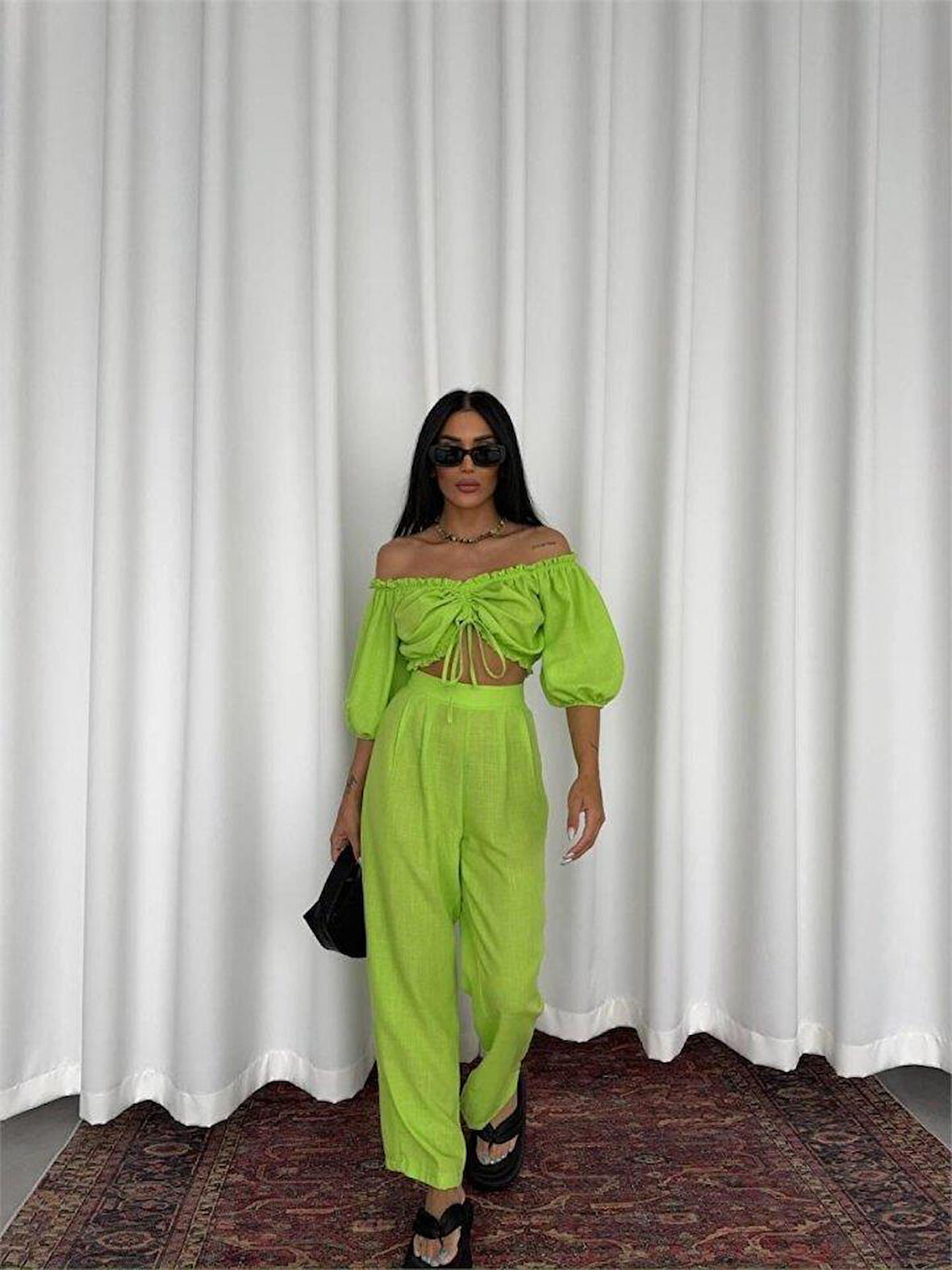 KETEN CROP BLUZ BÜZGÜ YAKA + PANTOLON TAKIM - Yeşil