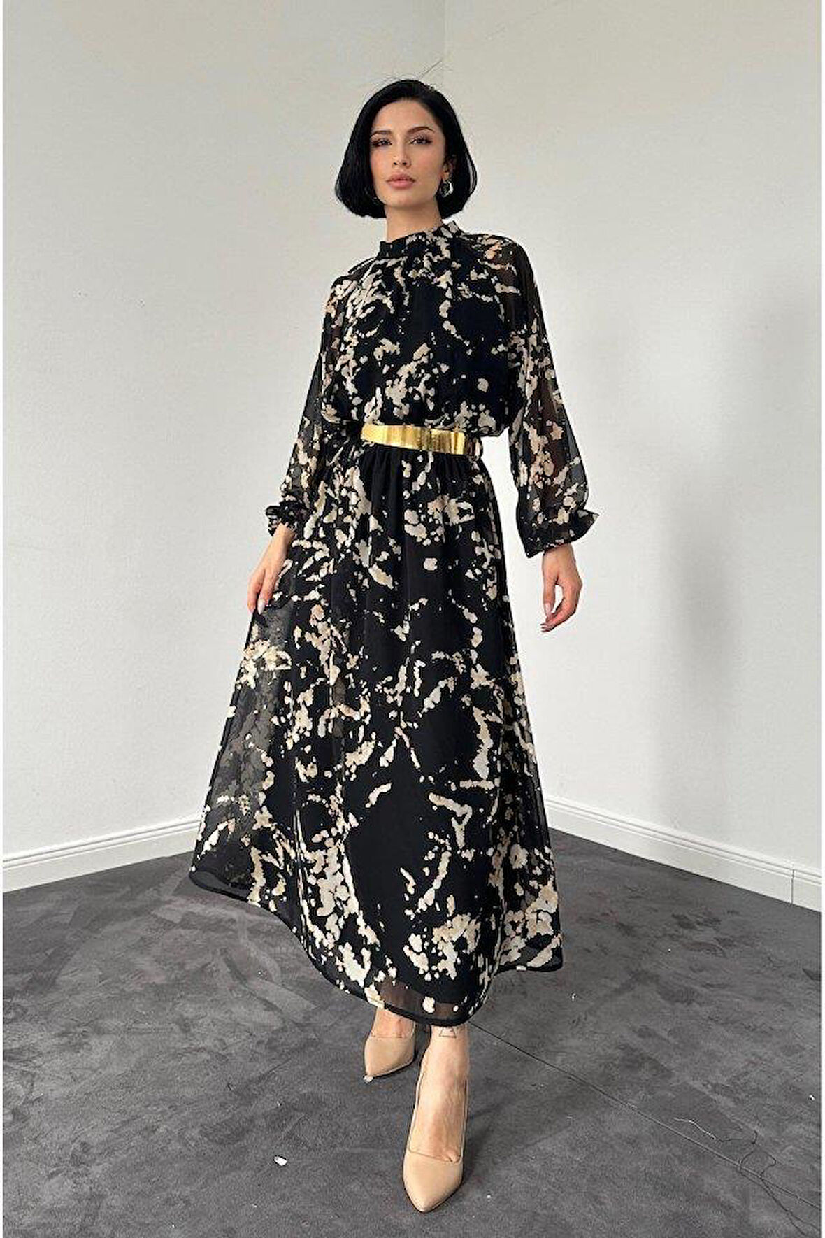 Siyah Reglan Kol Baskılı Elbise