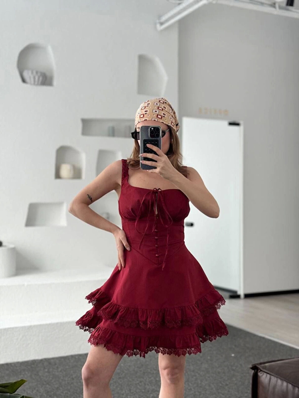 Fırfırlı Askılı Mini Elbise - Bordo