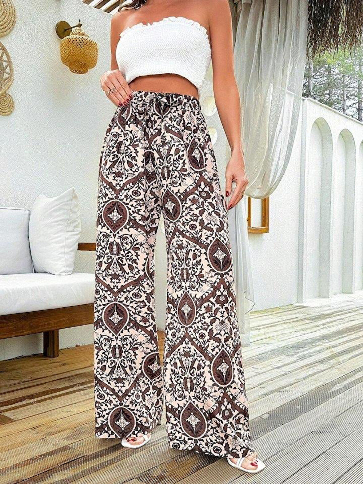 Kadın Yüksek Bel Etnik Desen Dokuma Viskon Salaş Pantolon