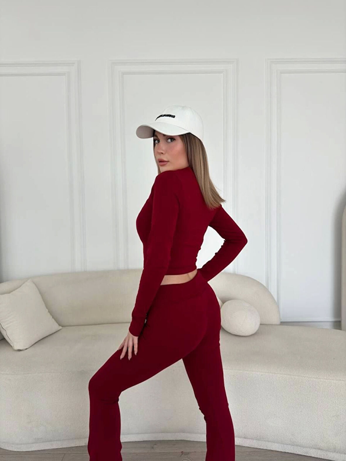 V Yaka Uzun Kollu Bluz İspanyol Paçalı Tayt İkili Takım - Bordo