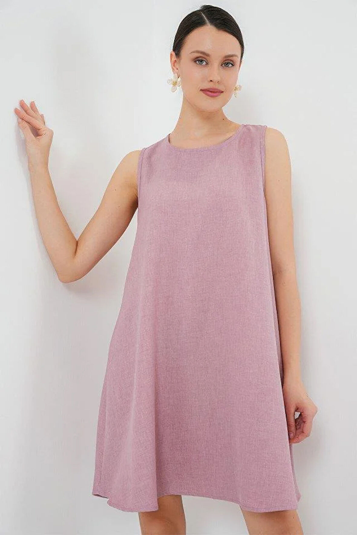 2444 Mini Keten Elbise - Pembe