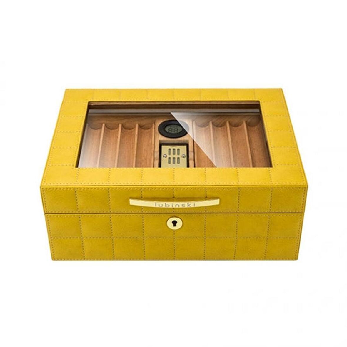 Lubinski Deri Camlı Humidor Puro Kutusu Sarı 50s
