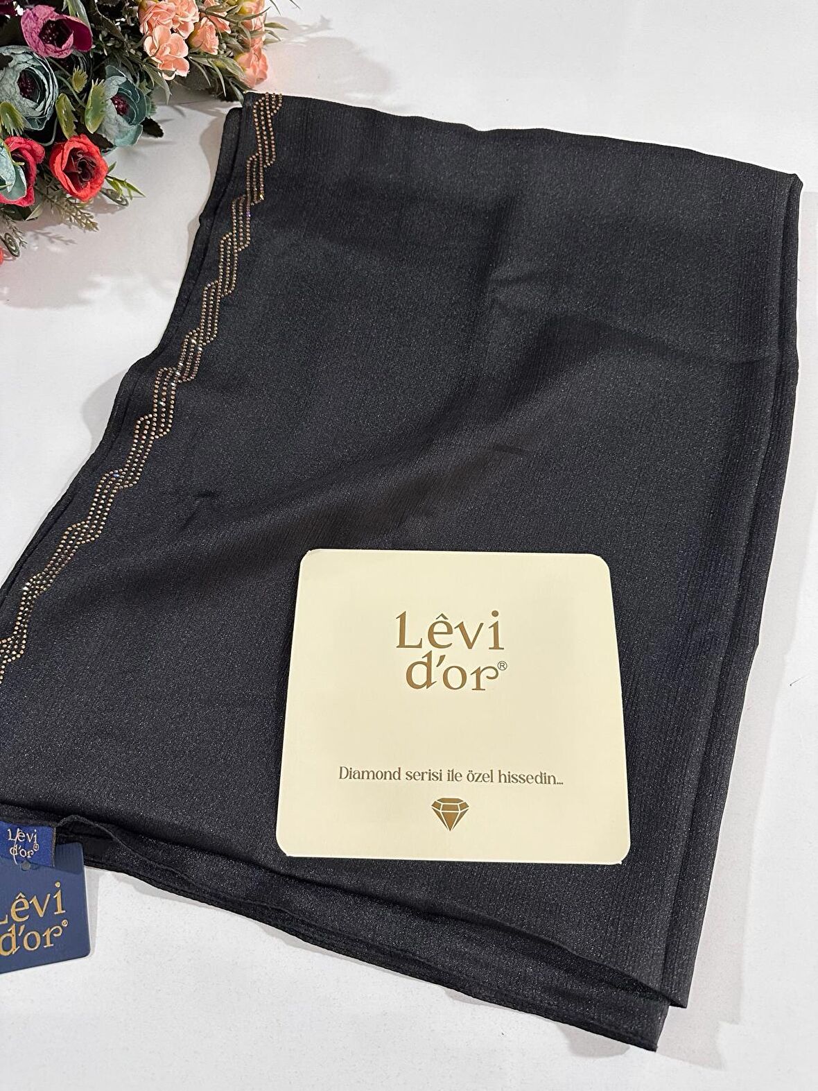 Levidor Premium Diamond Taşlı Şal Siyah Sarı DXS0303