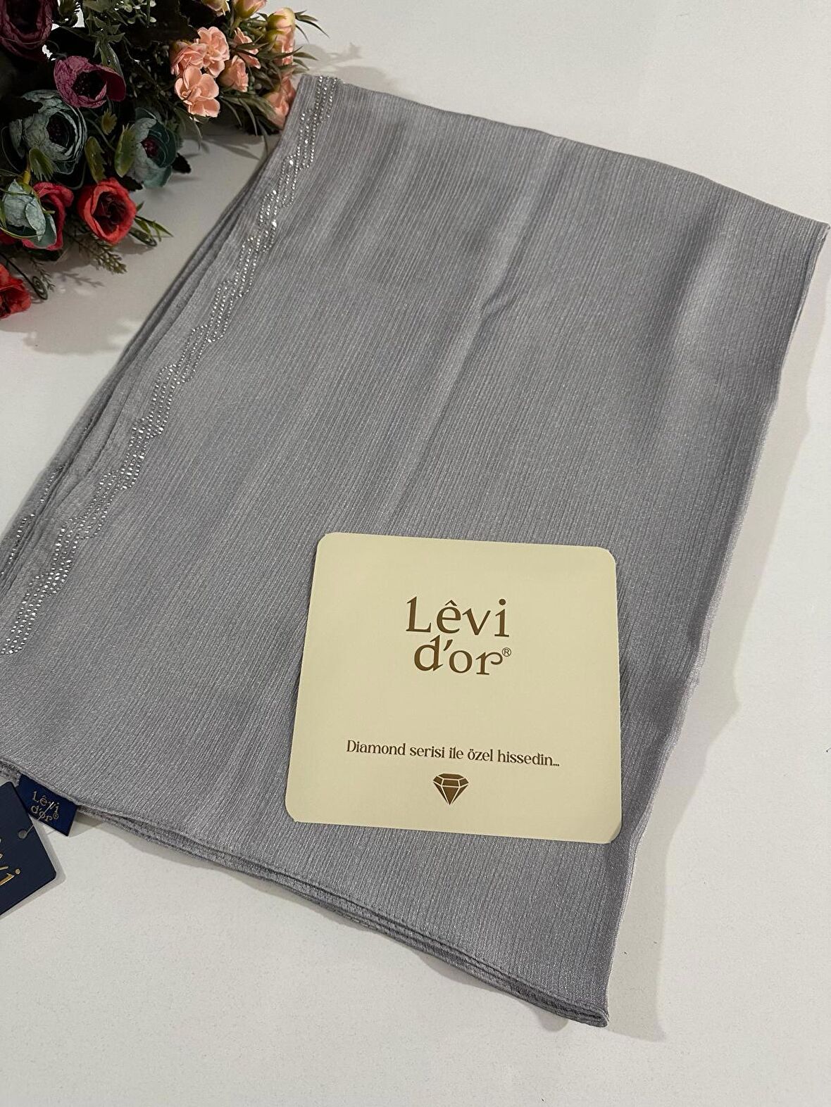 Levidor Premium Diamond Taşlı Şal Açık Gri DXS0304