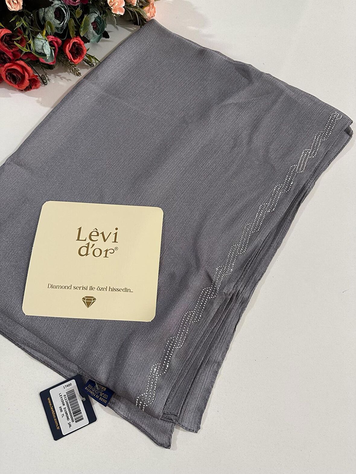 Levidor Premium Diamond Taşlı Şal Koyu Gri DXS0310