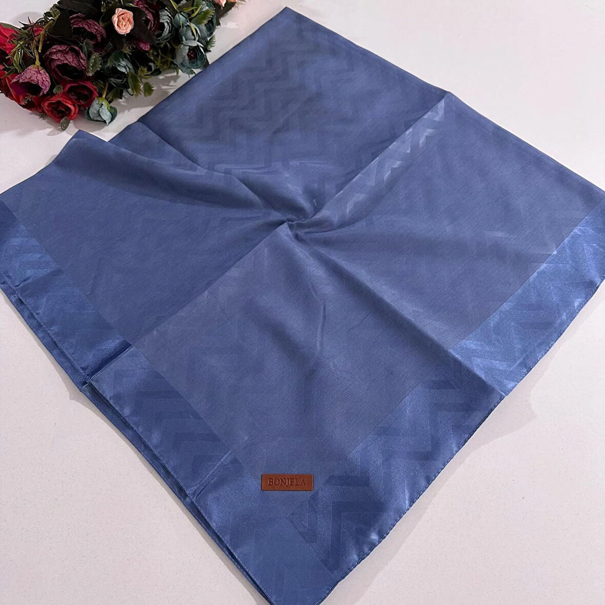 Bonjela Lento Eşarp Geometrik Desen Kot Mavi LNT0316