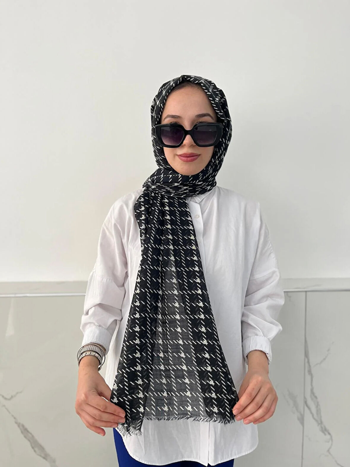 Polo İst Siyah Beyaz Pamuk Şal SL3102