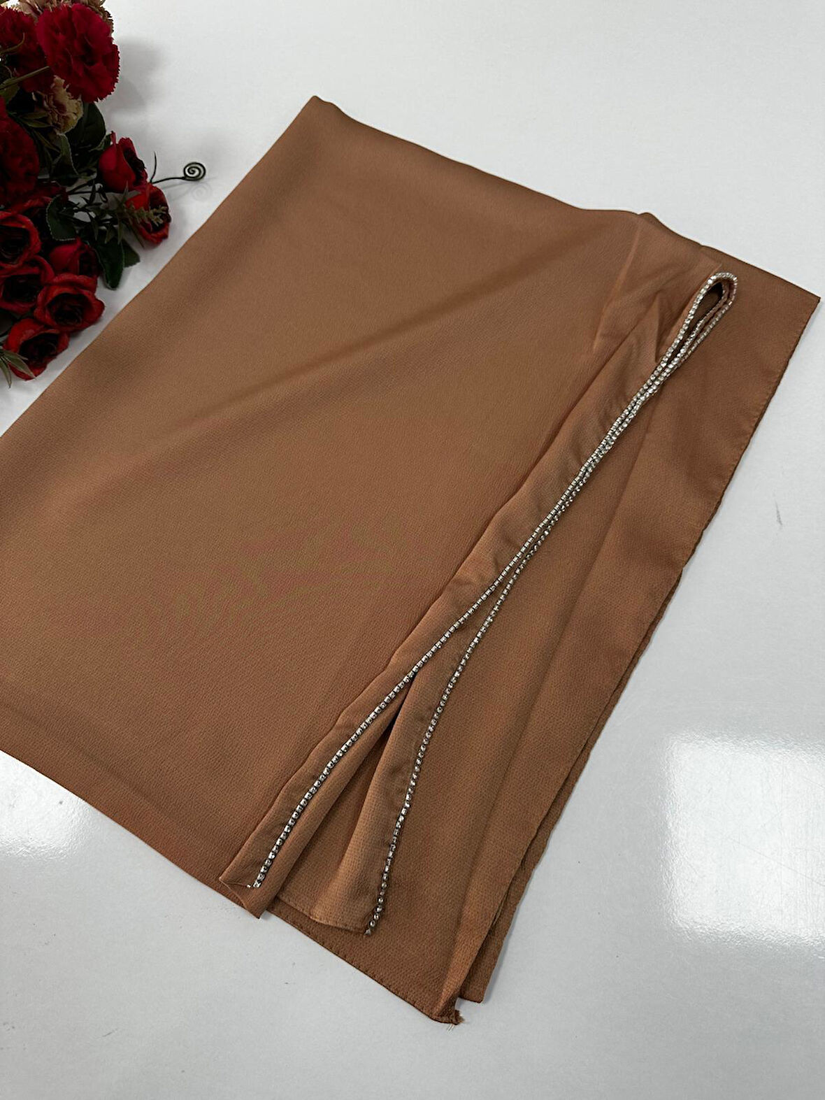 Taşlı Dubai İpeği Şal Sütlü Kahve JJ0208