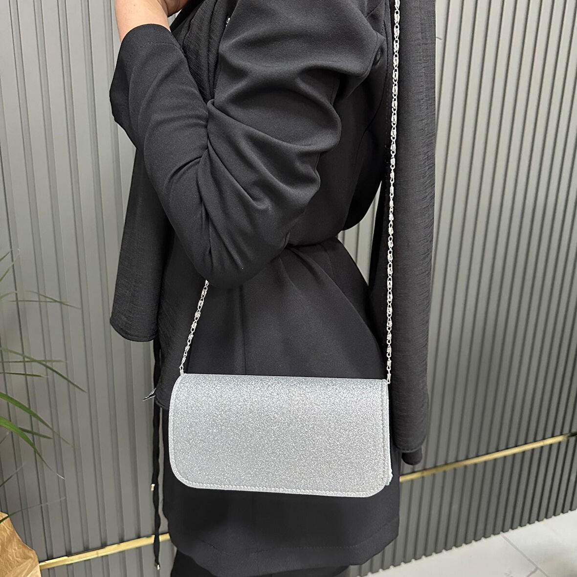 Simli Abiye Kadın Çanta 19x10cm Gri AB0503