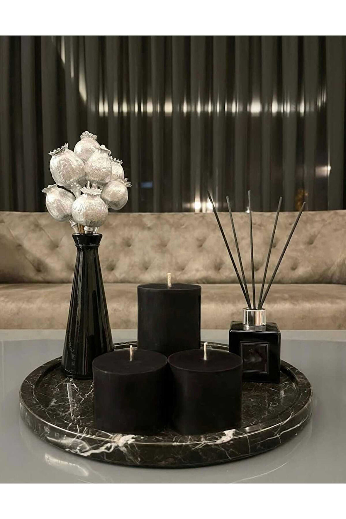 Brillant Black - Doğal Siyah Yuvarlak Mermer Sunum Tepsisi - 35 Cm