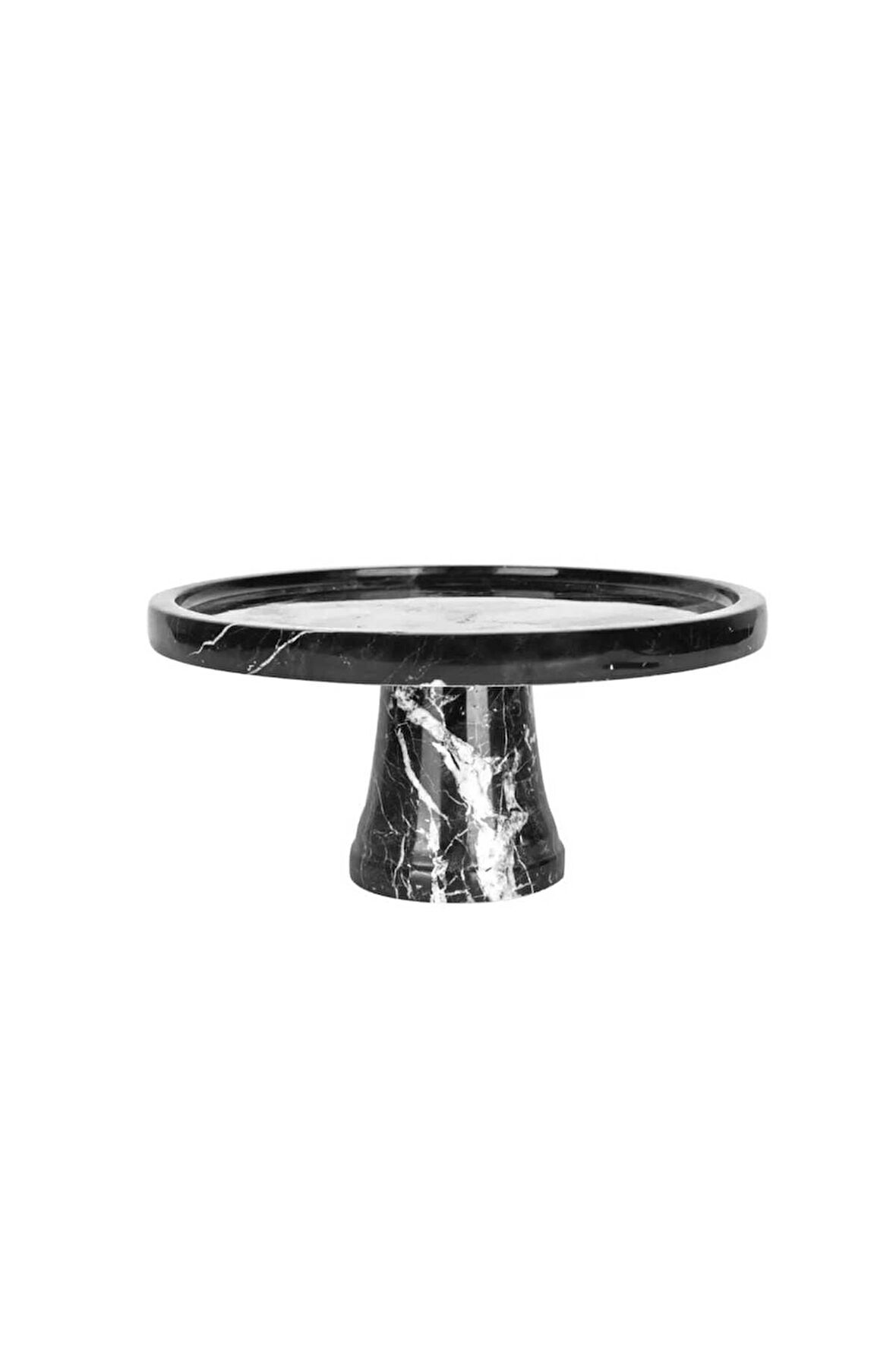 DOĞAL SİYAH YUVARLAK MERMER SUNUM TEPSİSİ - AYAKLI- 25 CM - SİYAH