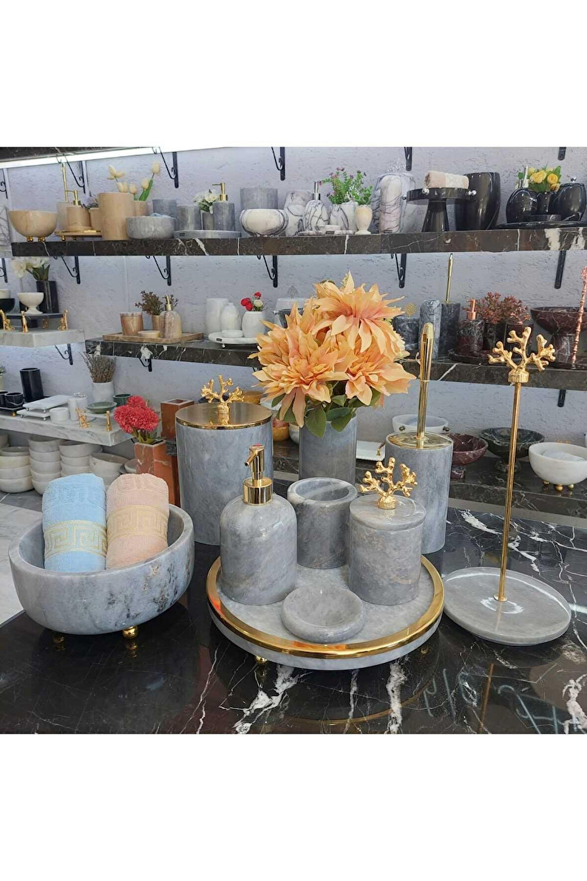 Light Grey Golden - Doğal Gri Mermer Banyo Seti | 10lu | Gold Metal Kasnak Detaylı