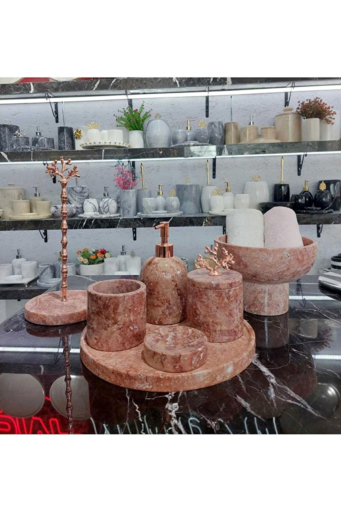 GLORİA- DOĞAL PEMBE MERMER BANYO SETİ | 7 PARÇA |ROSE| MERMER KASE |KAĞIT HAVLULUK|