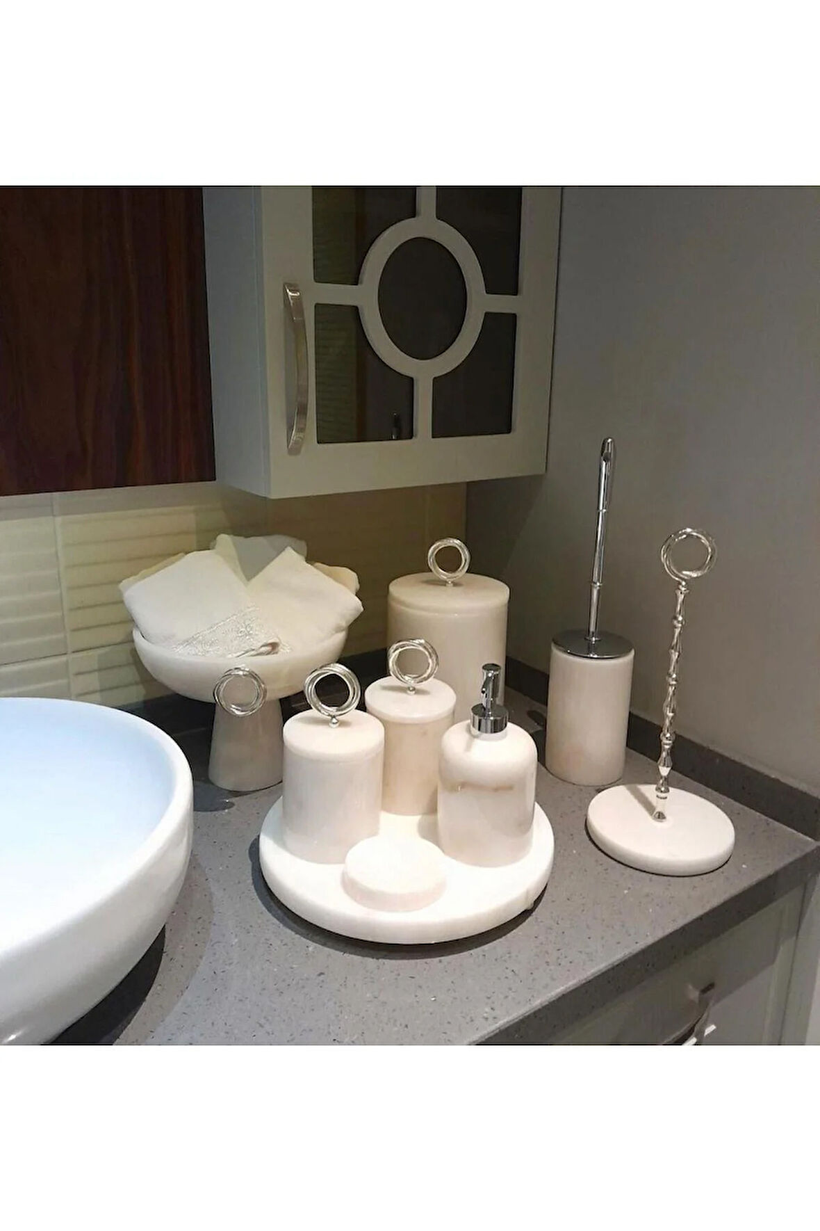 Crystal Silver Rings Doğal Beyaz Mermer Banyo Seti 9 lu Beyaz Kase Mermer Havluluk