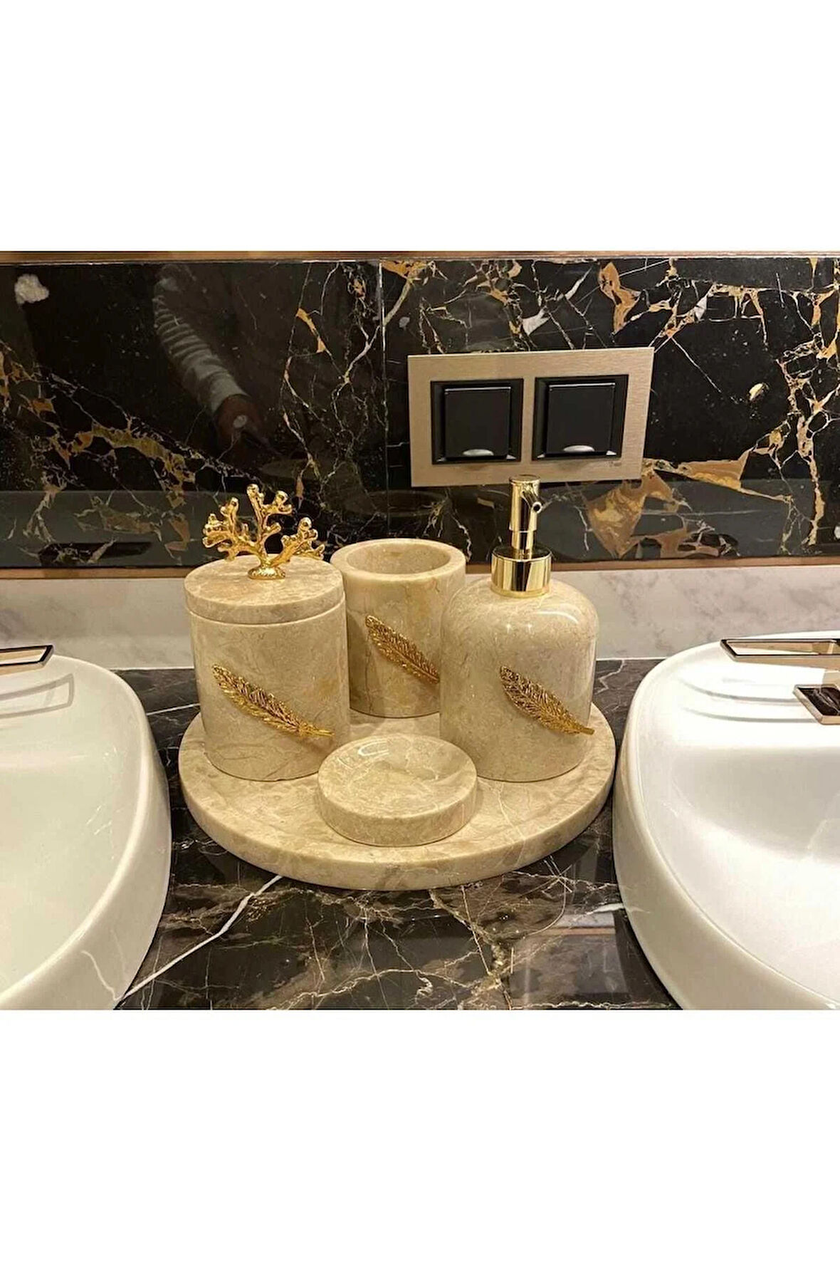 PERLA- DOĞAL BEJ MERMER BANYO SETİ- 5 PARÇA- GOLD YAPRAK DETAYLI