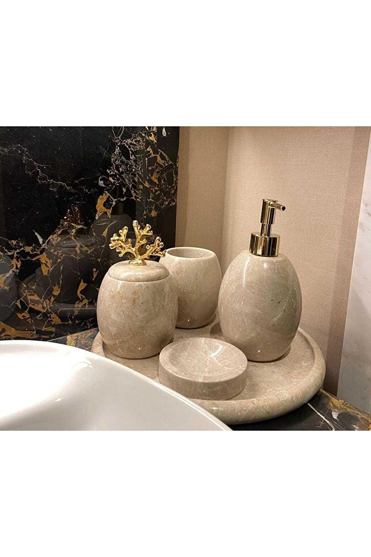 DAMLA- BEJ MERMER BANYO SETİ - 5 PARÇA- OVAL HATLI