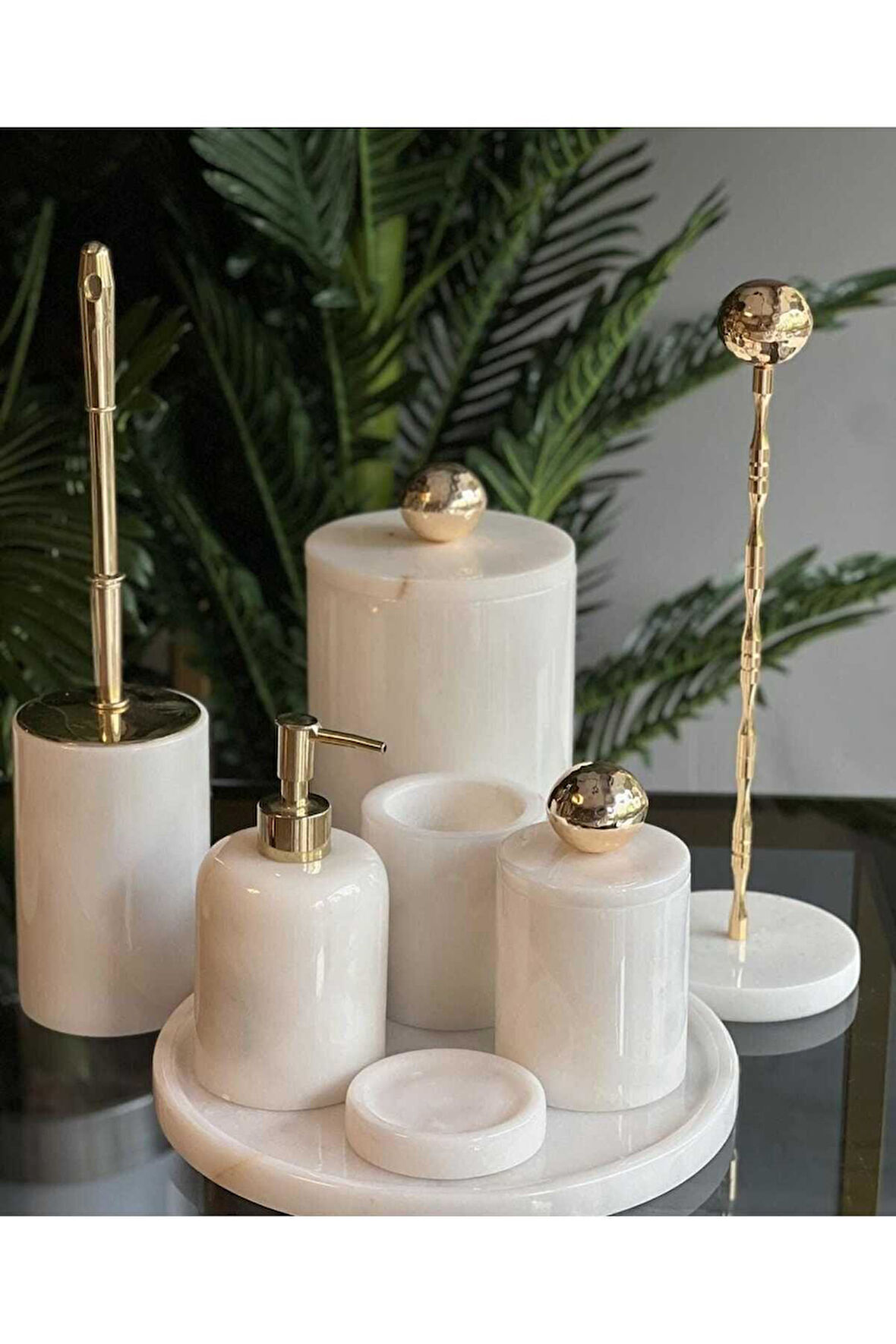 CANİSA- GOLD TOP DETAYLI - BEYAZ MERMER BANYO SETİ - 8 PARÇA