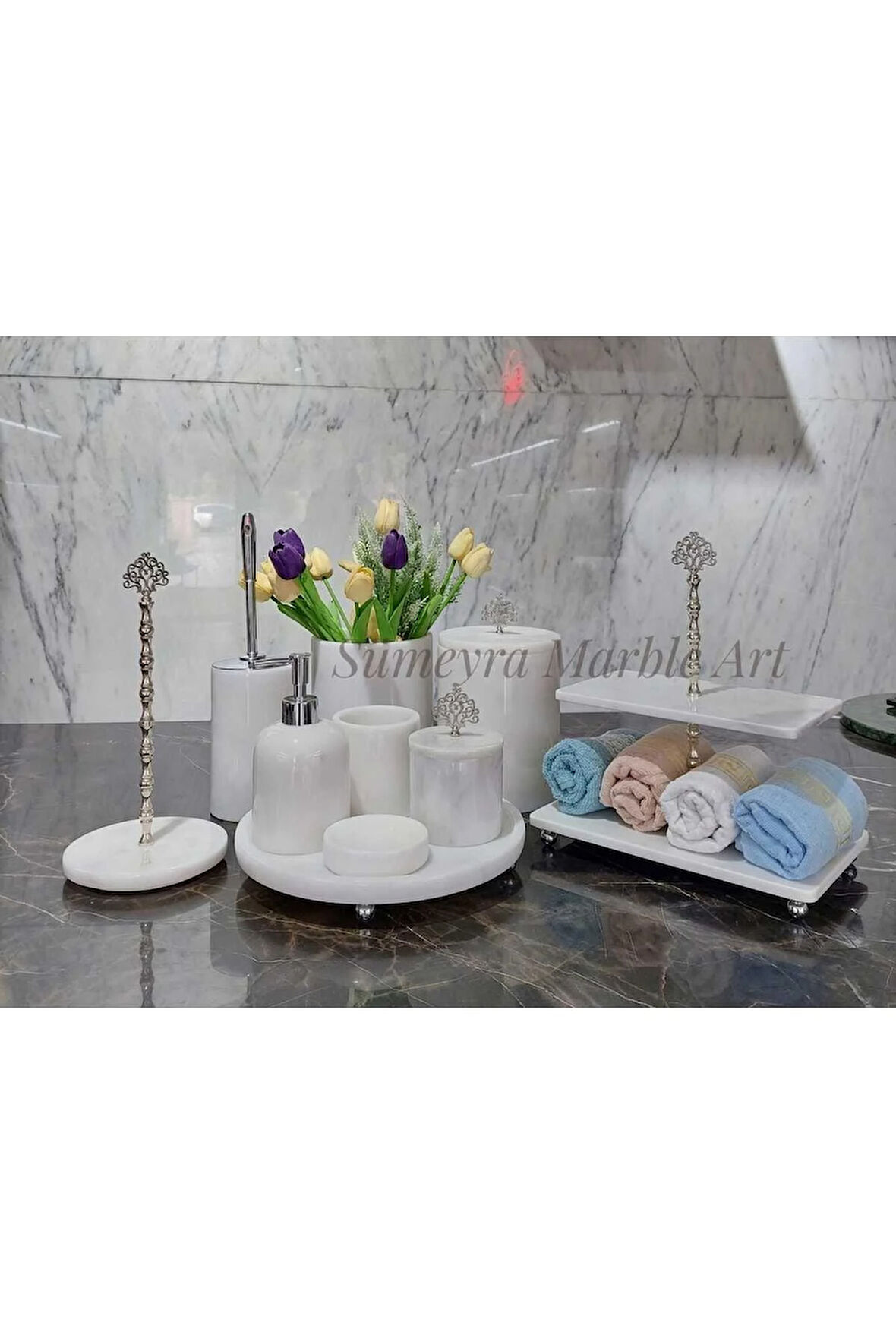 BEYAZ MERMER BANYO SETİ- KATLI HAVLULUK-10 PARÇA- GÜMÜŞ DETAYLI