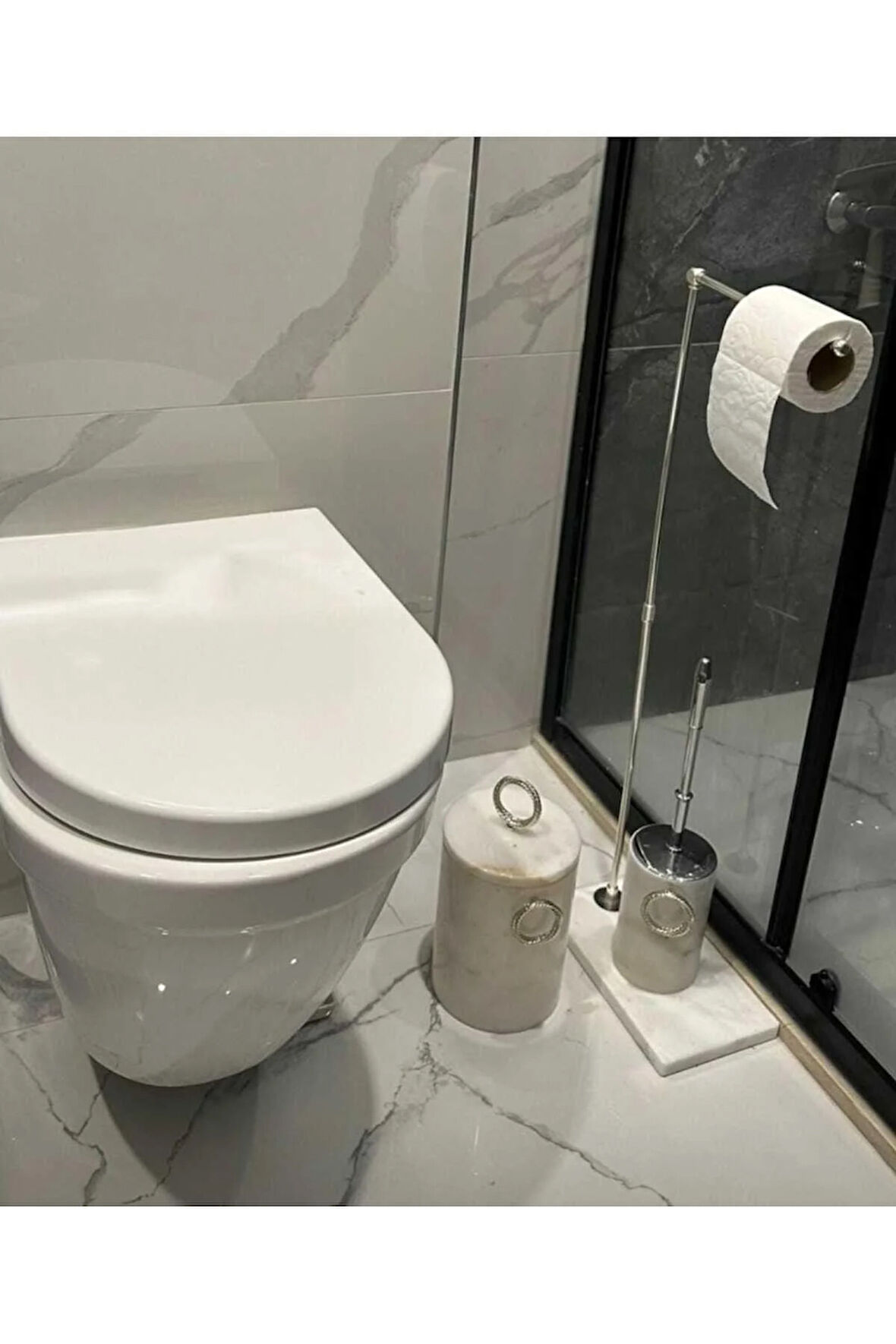 DOĞAL MERMER TABANLI WC PEÇETELİK - ÇÖP KOVASI - WC FIRÇALIK - BEYAZ