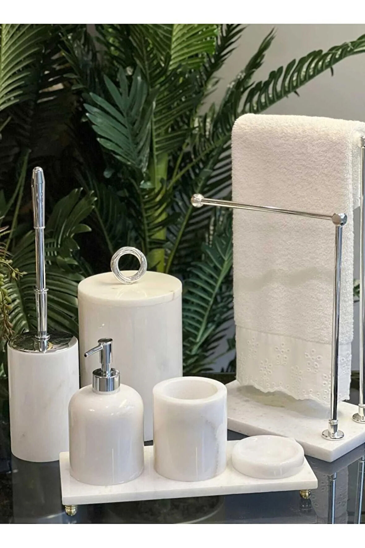 ASYA- GÜMÜŞ HALKA DETAYLI BEYAZ MERMER BANYO SETİ- 7 PARÇA