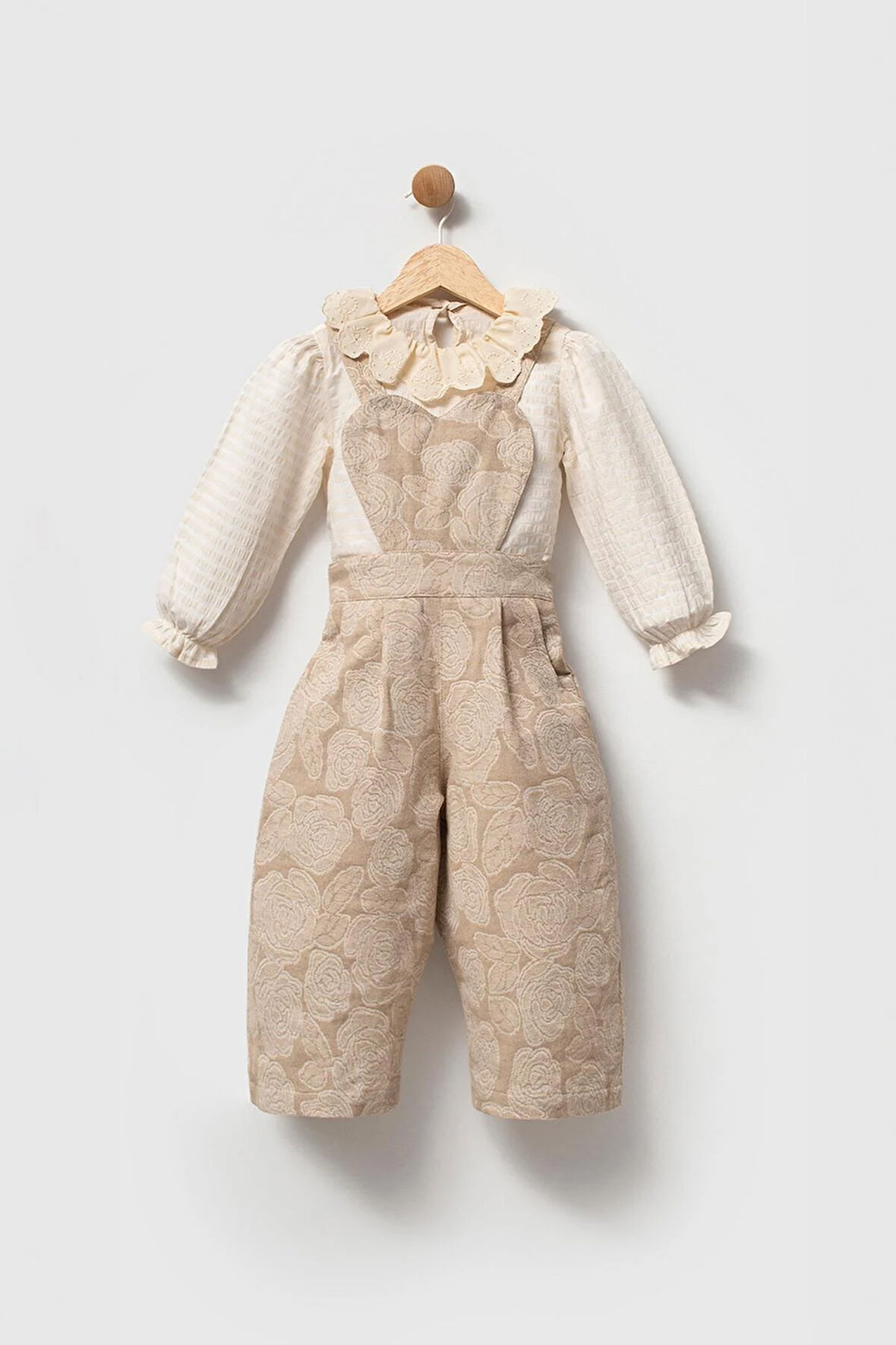 Önü Kalp Kesim 2'Li Kız Çocuk Tulum Takım Bej