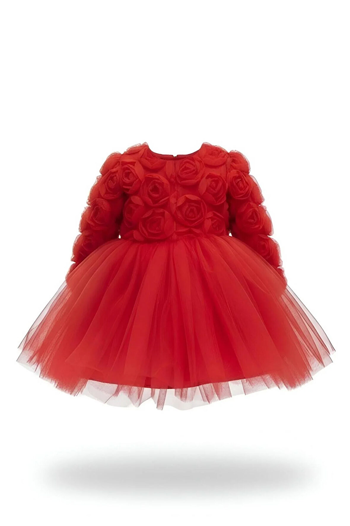 Rosa Kırmızı Güllü Kız Çocuk Uzun Kollu Elbise