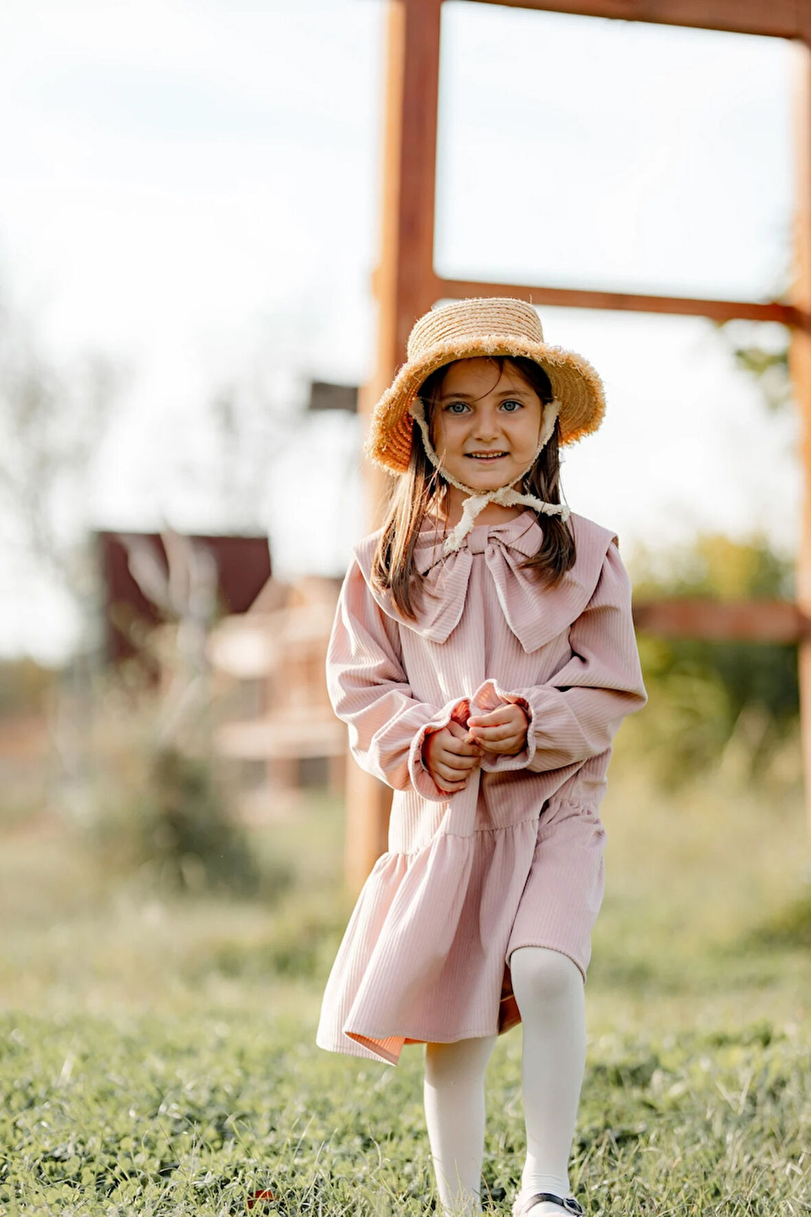 Önü Büyük Fiyonklu Kız Çocuk Elbise Pembe