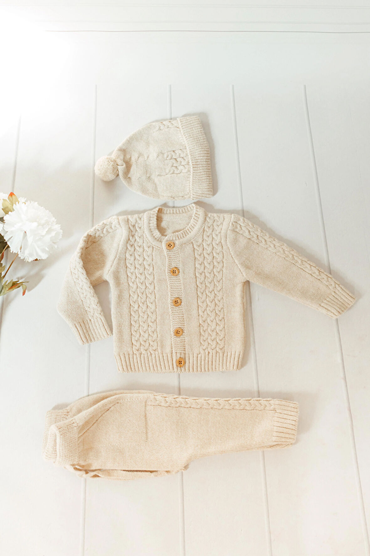 Saç Örgü Triko Bereli Alt Üst Takım Bej