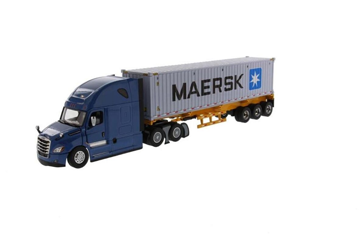 Diecast Masters 71048 1/50 Ölçek, Freightliner New Cascadia Kabinli Çekici, Dorse ve 40 lık Konteyner, Kapıları Açılır, Mavi-Sa