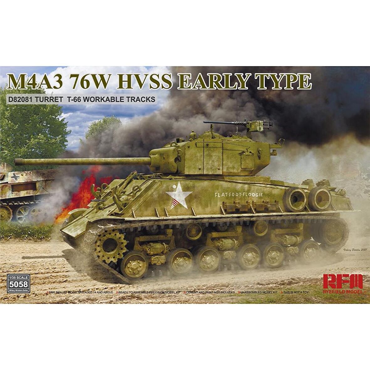 RFM 5058 1/35 Ölçek M4A3 76W HVSS Erken Dönem, D82081 Namlu, T-66 Paletli Tankı Plastik Model Kiti