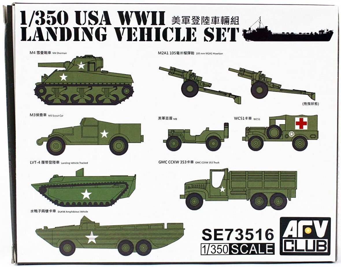 AFV Club SE73516 1/350 US WW2 Çıkartma Gemisi Araç Seti Demonte Plastik Maketi