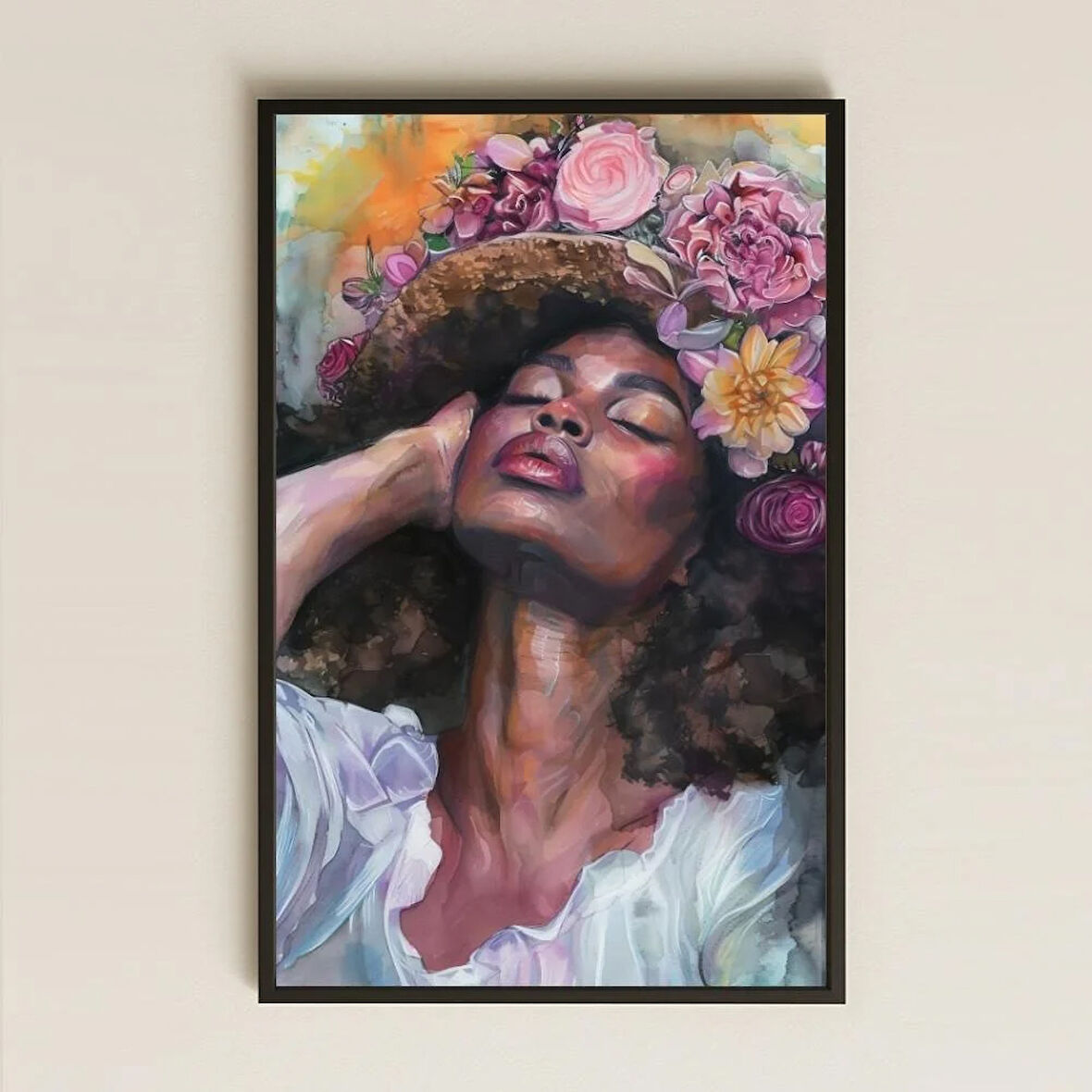 Afro Stil Çiçekli Kadın Portre Özel Kesim Dekoratif Tablo
