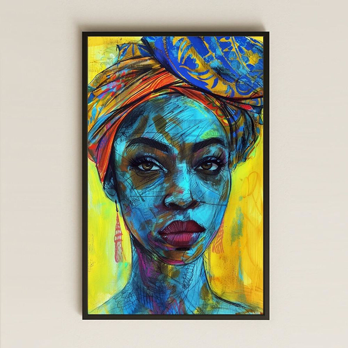 Afro Mavi Tonlarda Modern Sanatsal Kadın Portre Tablo