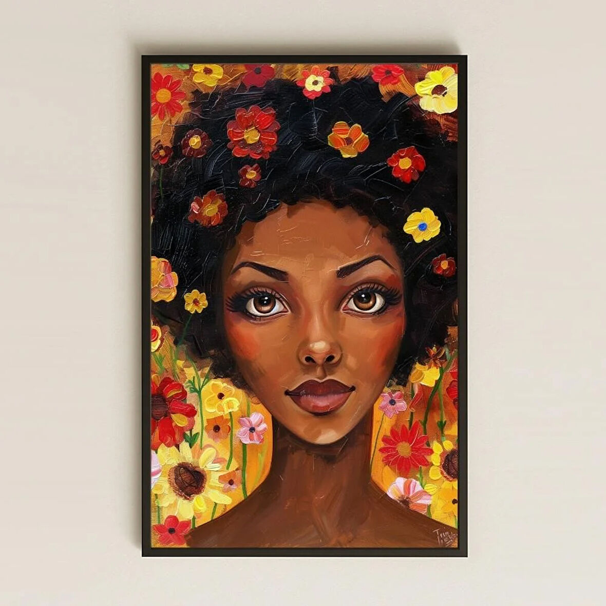 Çiçeklerle Bezeli Afro Saçlı Kadın Portresi UV Baskılı Tablo