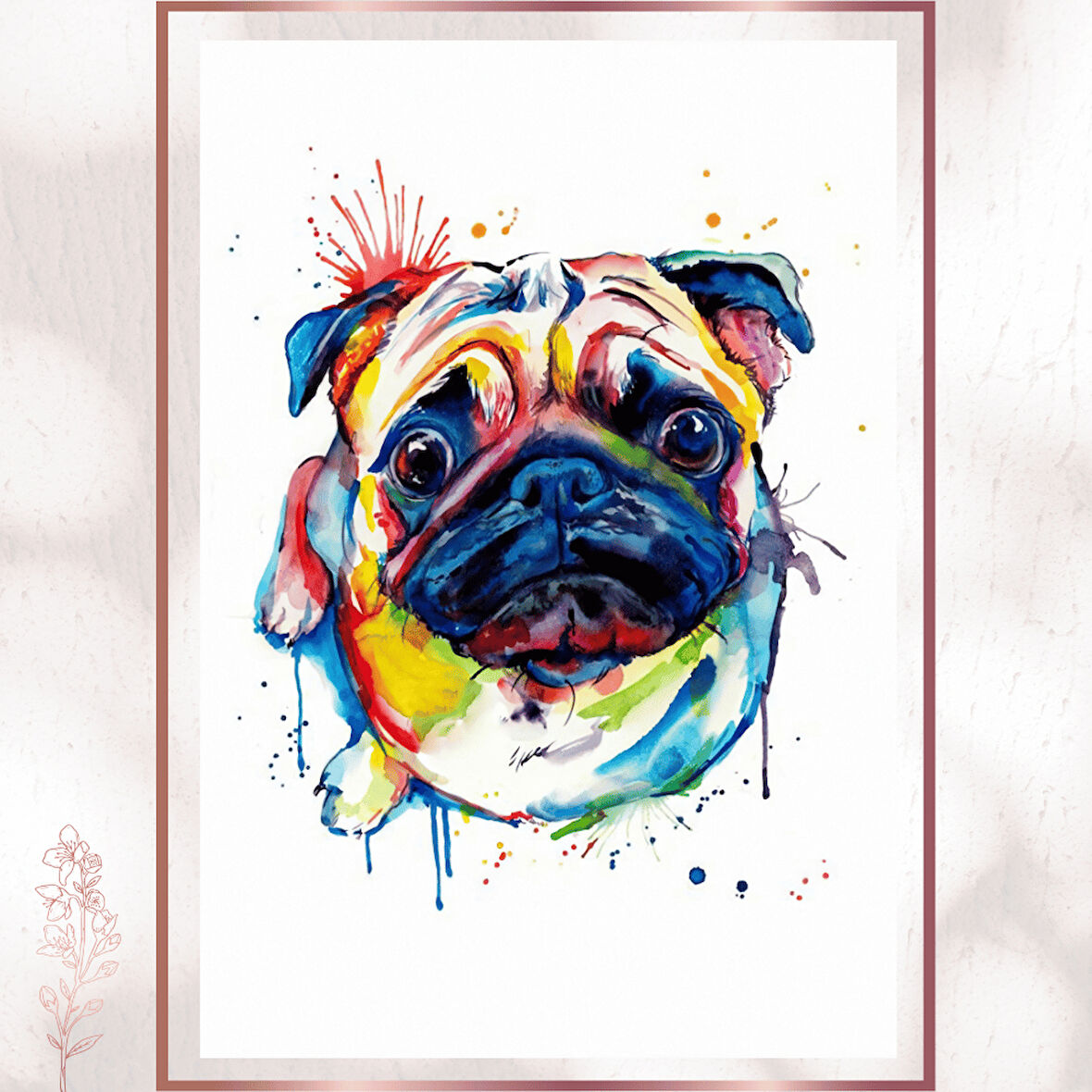 Renkli Pug Posteri - Sevimli Sulu Boya Köpek Tablosu