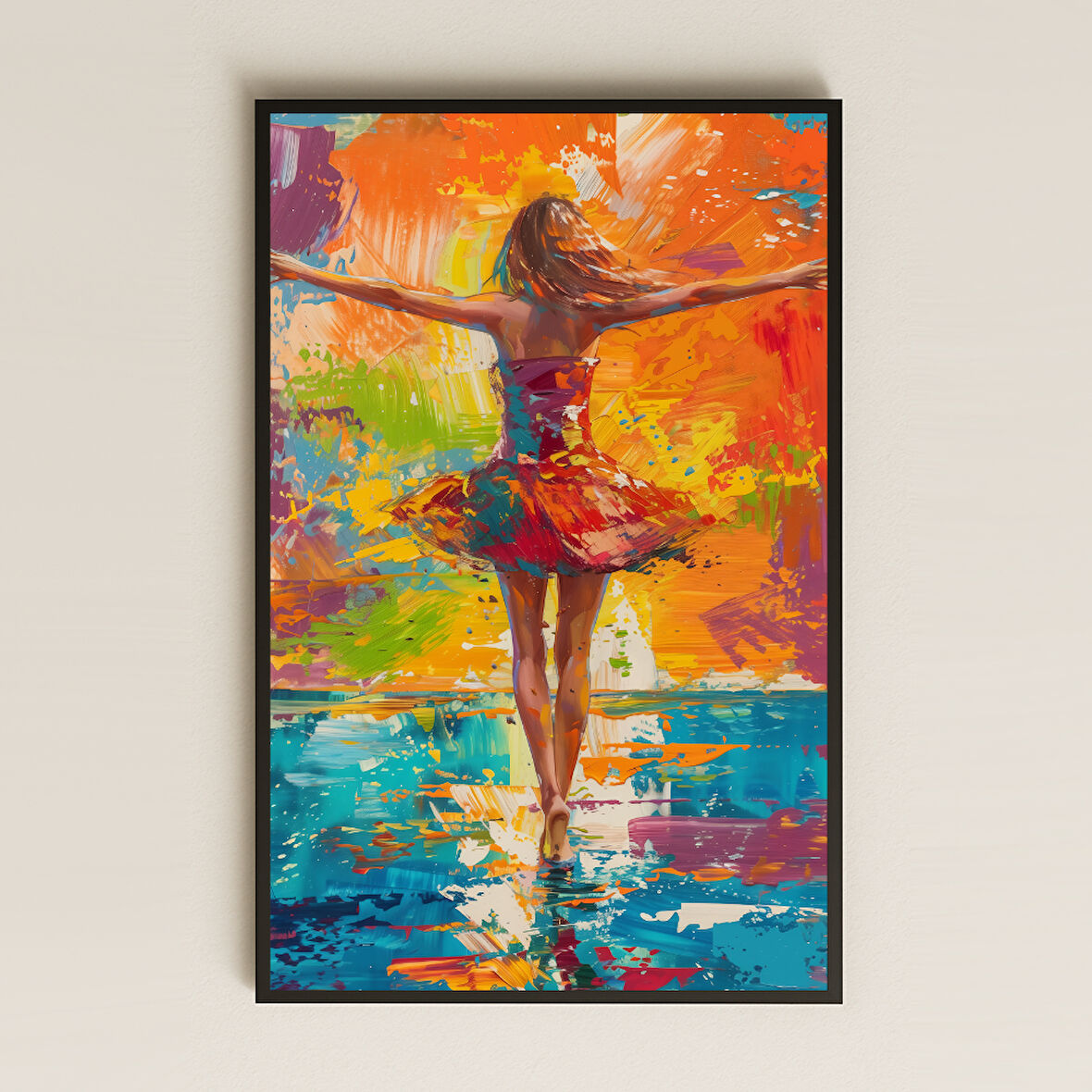 Renkli Dans Eden Kadın Tablosu - UV Baskılı Enerjik Sanat