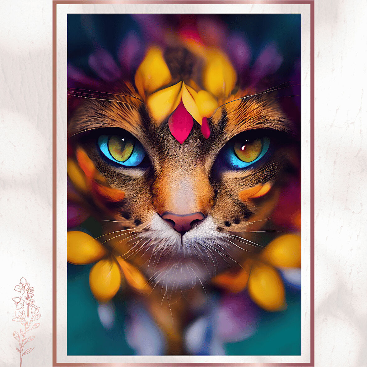 Çiçeklerle Süslenmiş Büyülü Kedi - Renkli Sanat Posteri