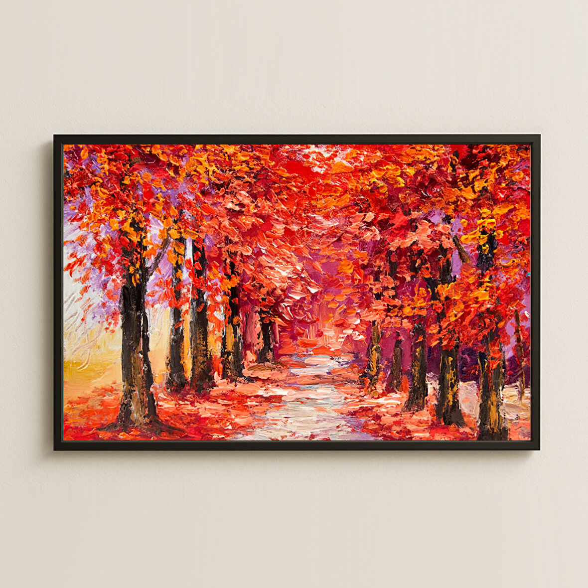 Sonbahar Yolu Kırmızı Ağaçlar UV Baskılı Tablo