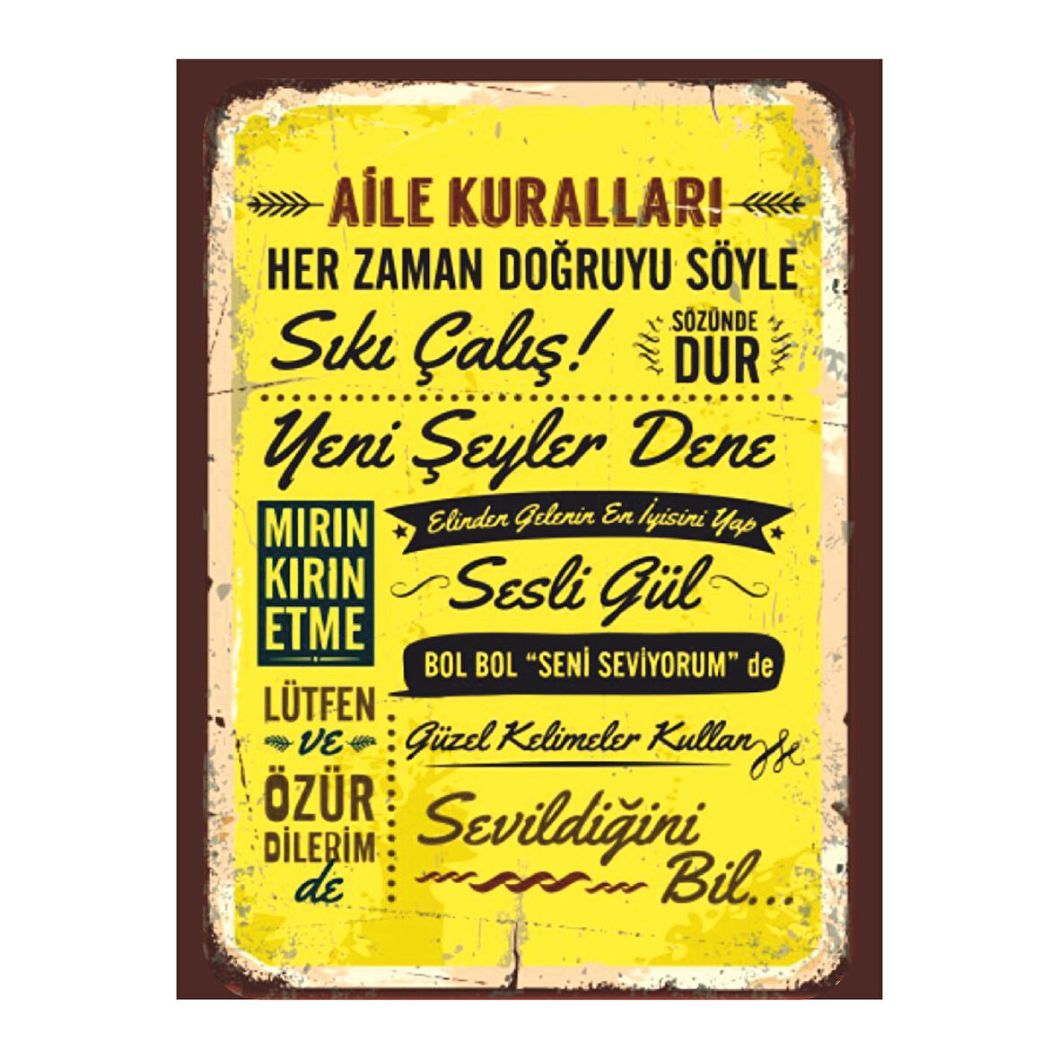 Aile Kuralları Retro Poster | Sarı MDF Tablo
