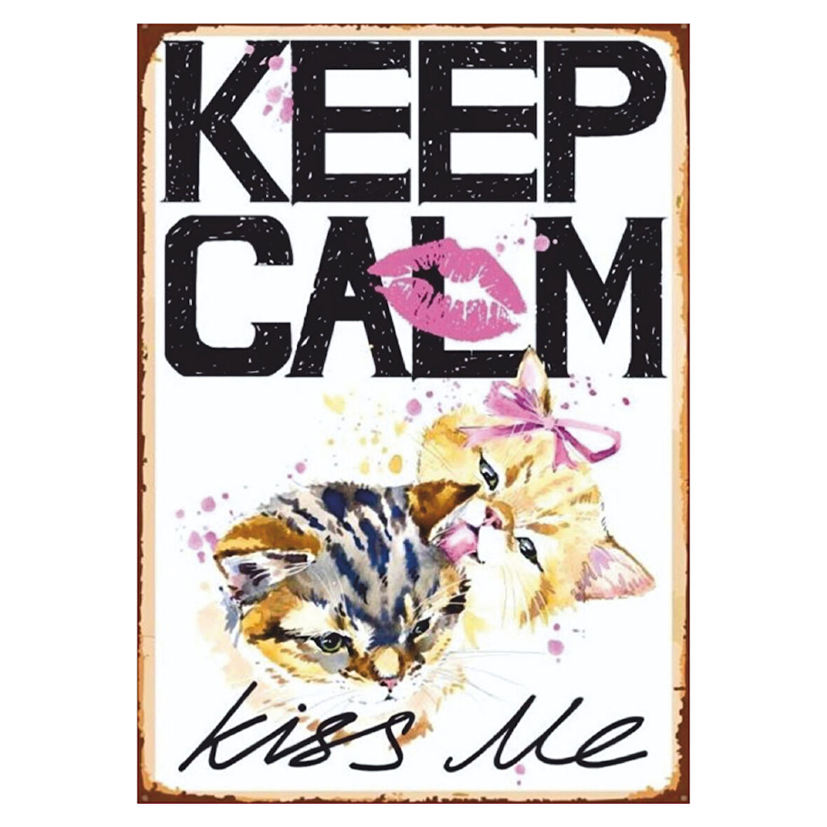 Keep Calm Kiss Me Yazılı Kedili Romantik Ahşap Retro Poster Tablo