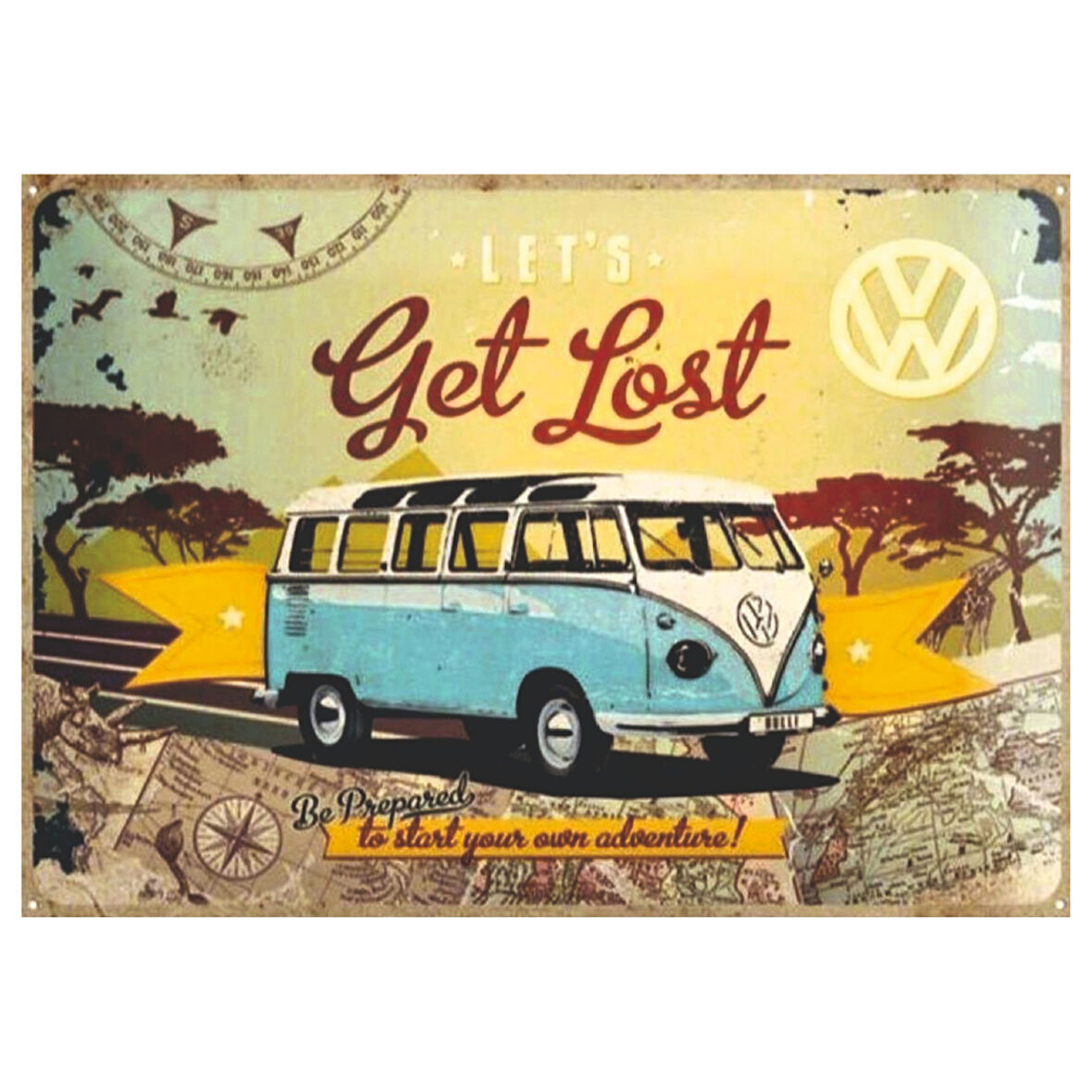 Let's Get Lost VW Minibüs Temalı Ahşap Retro Seyahat Posteri