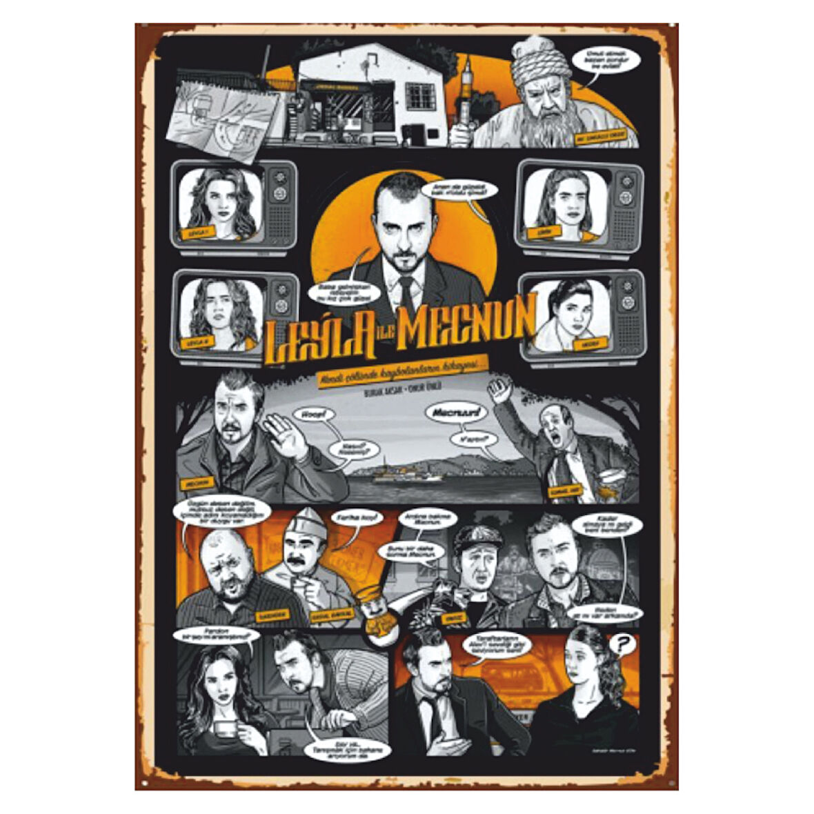 Leyla ile Mecnun Replikli Karakter Kolajı Ahşap Retro Poster Tablo