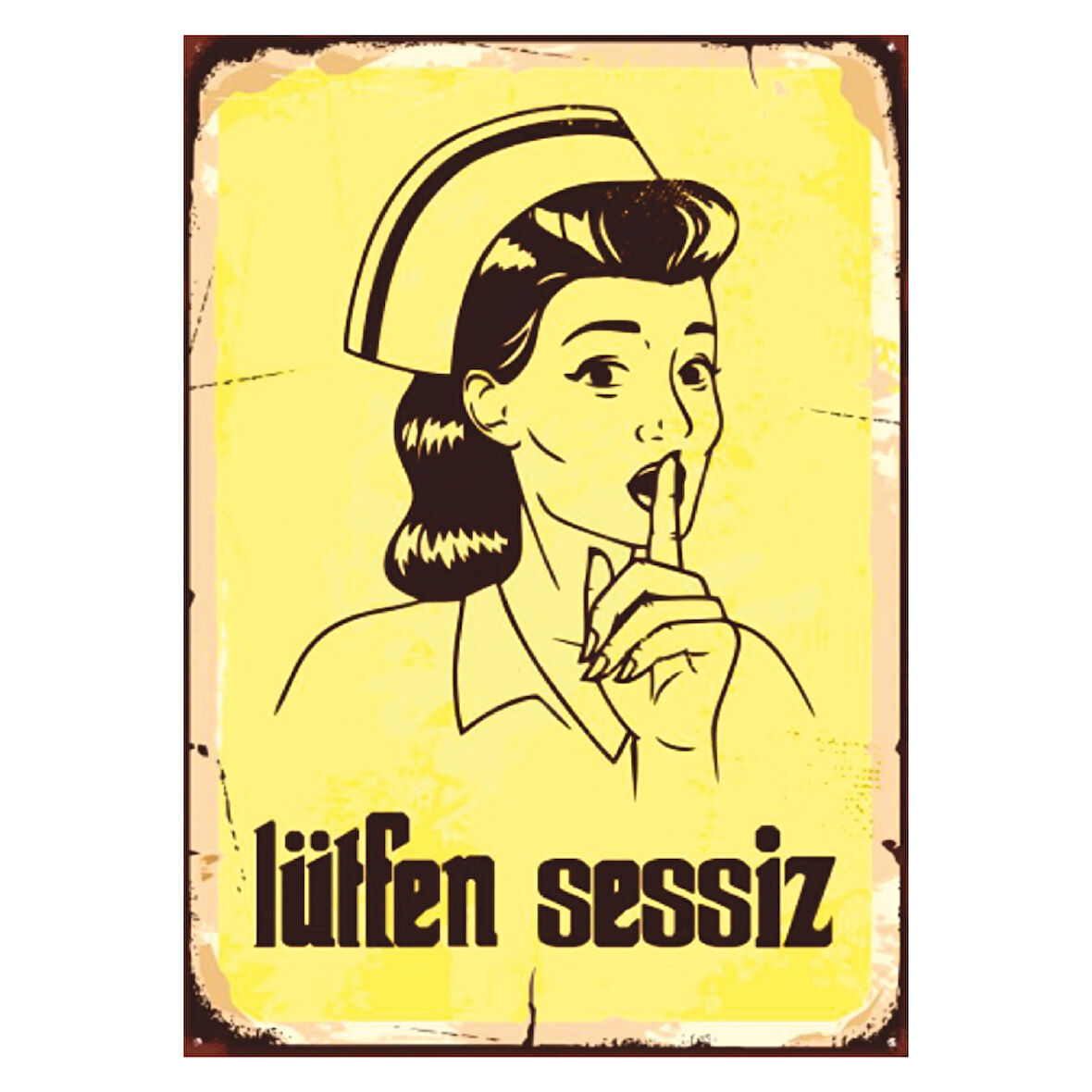 Lütfen Sessiz Yazılı Hemşire Figürlü Ahşap Retro Uyarı Posteri