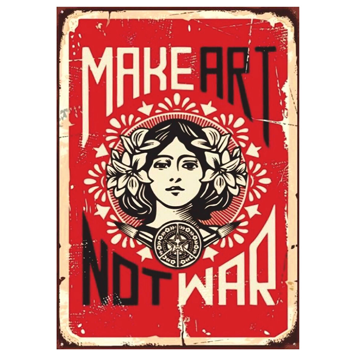 Make Art Not War Yazılı Sanat ve Barış Temalı Ahşap Retro Poster Tablo