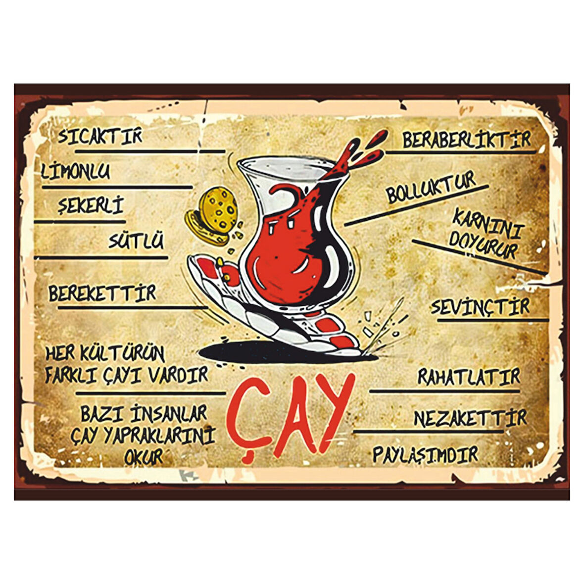 Çay Kültürü Temalı Retro Ahşap Poster Tablo | Paylaşım, Nezaket ve Keyif Dekoru